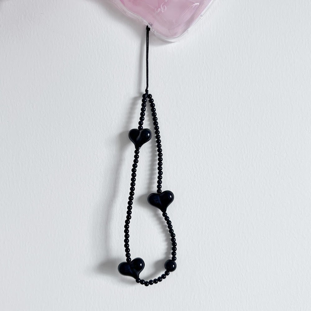 📱 Bijou de téléphone – Chaîne de couloir noire avec cœurs noirs 🖤