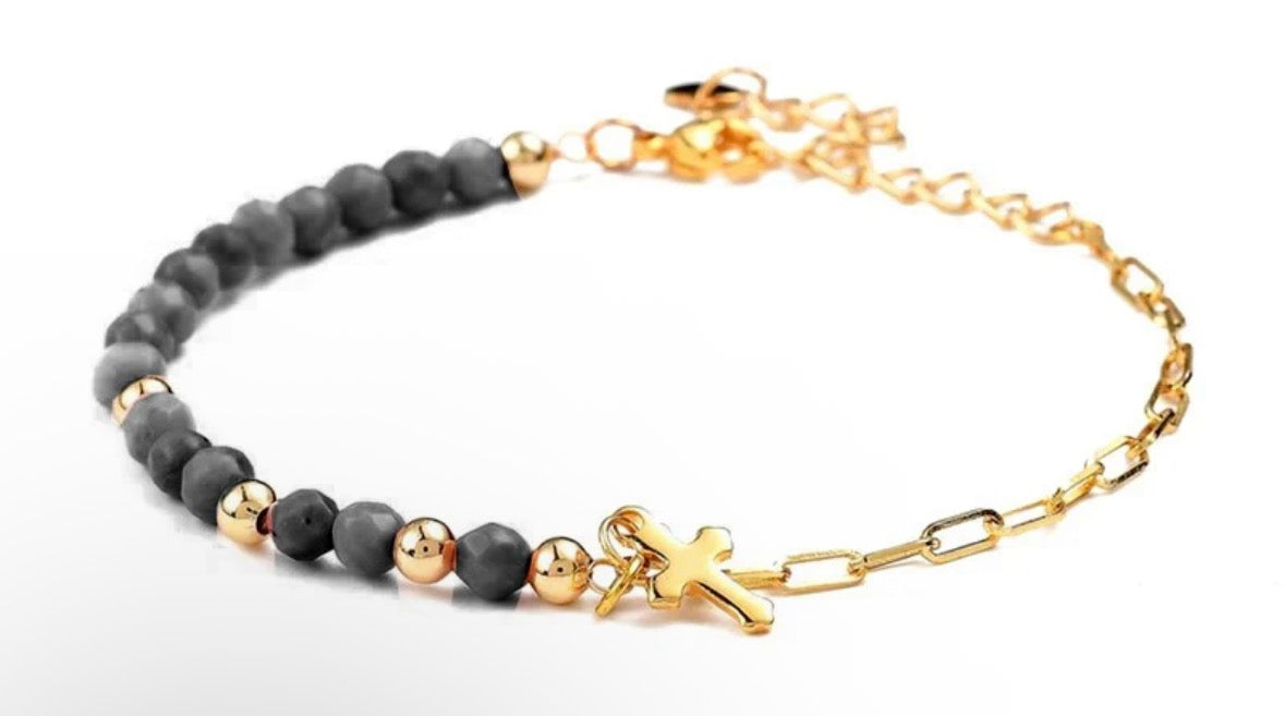 ✨ Bracelet Femme en Perles Naturelles d’Agate avec Breloque Croix ✨