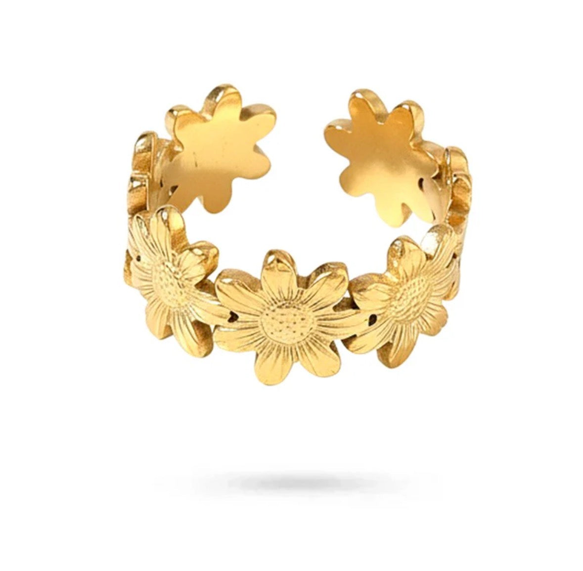 ✨ Bague Acier Doré 🌼 Lignée de Fleurs Élégante ✨
