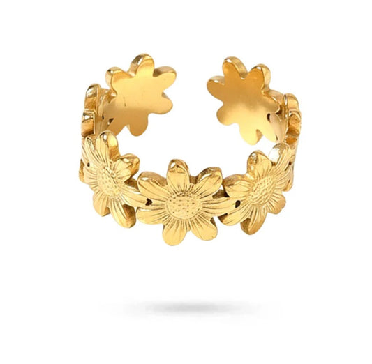 ✨ Bague Acier Doré 🌼 Lignée de Fleurs Élégante ✨