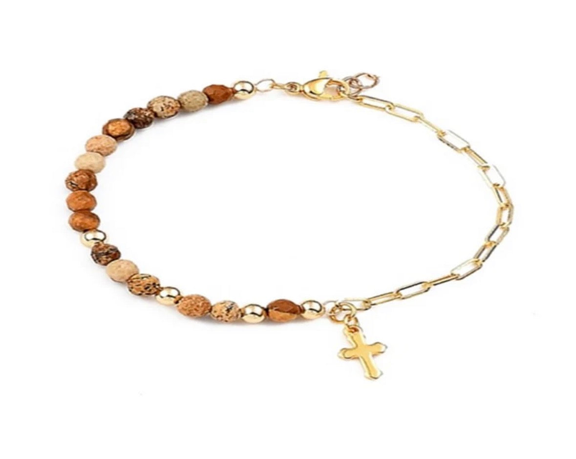 ✨ Bracelet Femme en Perles Naturelles Jaspe avec Breloque Croix ✨