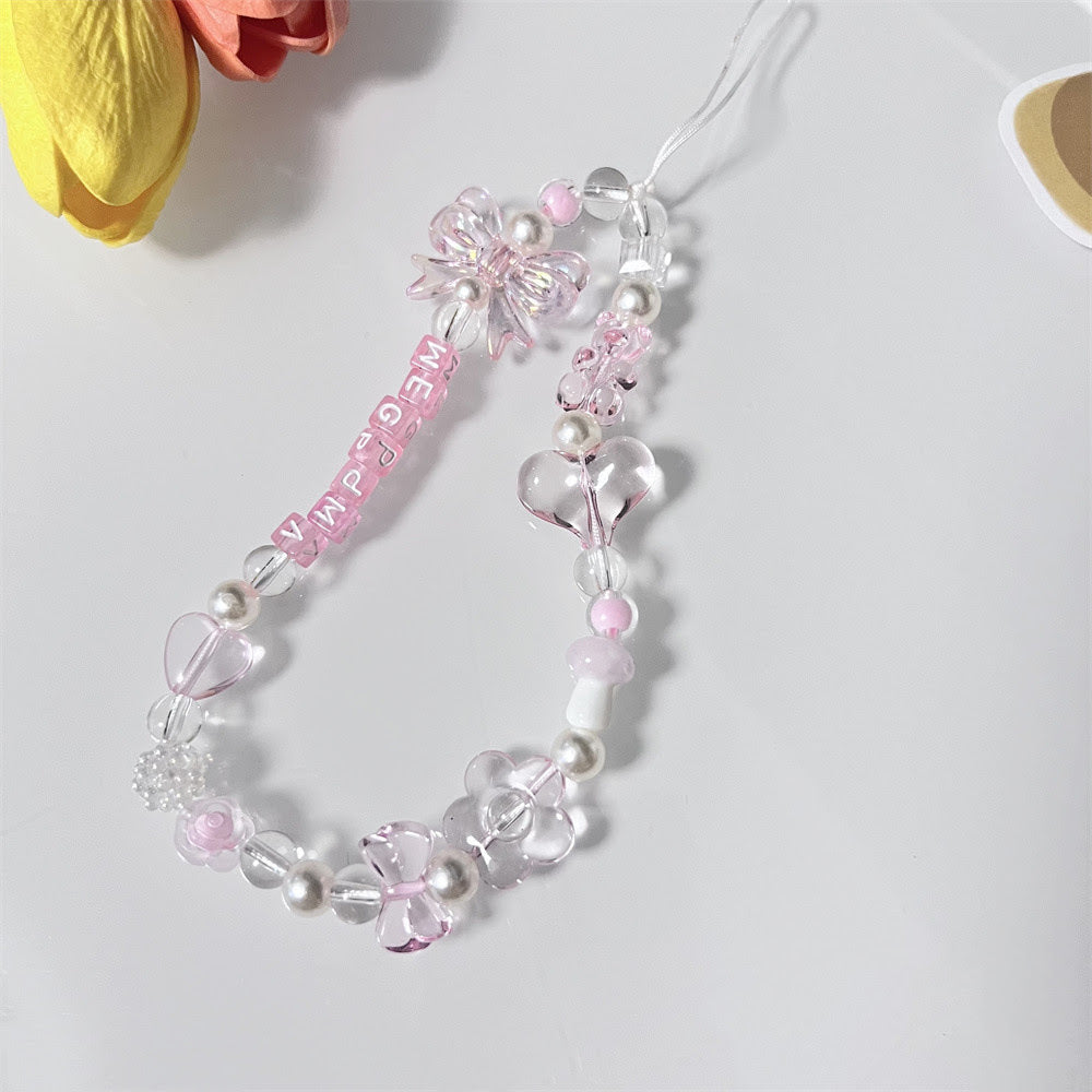 📱 Bijou de téléphone – Rose et transparent avec nœuds papillon, fleurs et cœurs 💖🌸🎀