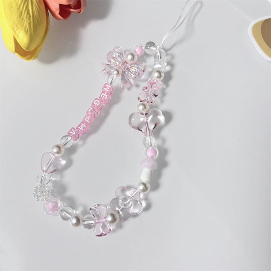 📱 Bijou de téléphone – Rose et transparent avec nœuds papillon, fleurs et cœurs 💖🌸🎀