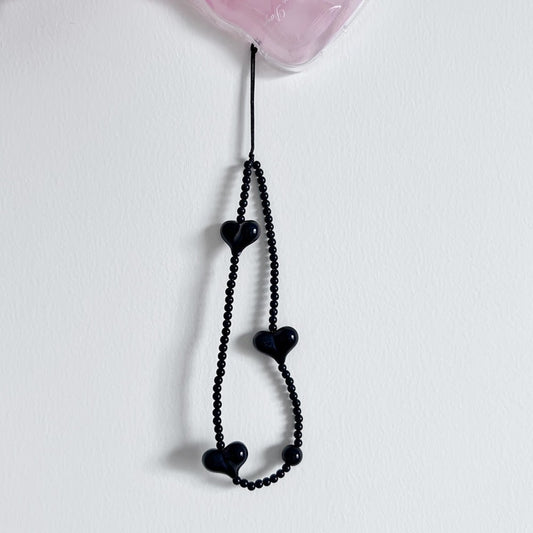 📱 Bijou de téléphone – Chaîne de couloir noire avec cœurs noirs 🖤