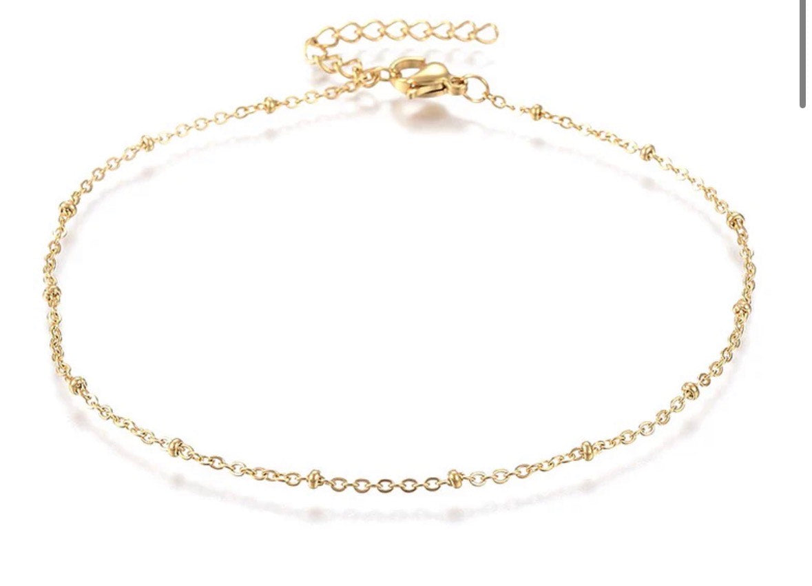 Chaine de cheville fine en acier inoxydable doré avec perles rondes